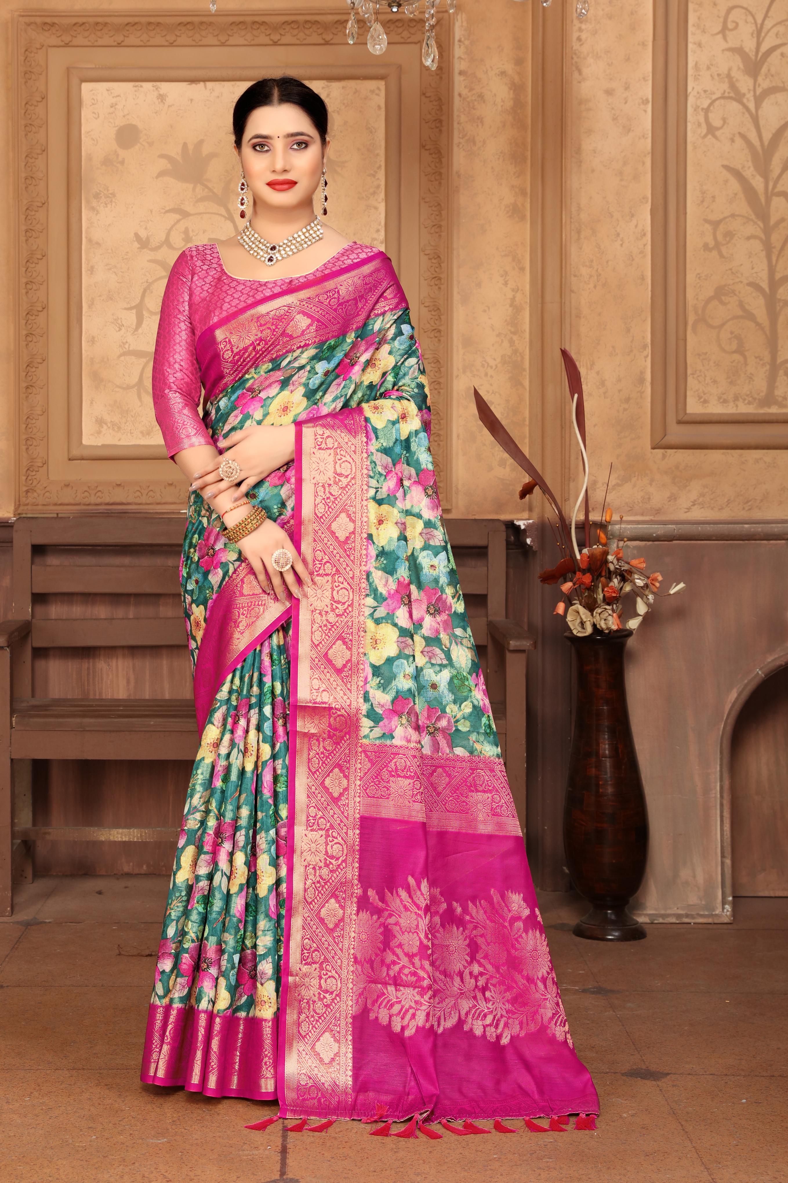 Women Party Wear Printed and Jari Weaving Jeaquard Silk Saree with Un Stitched Blouse