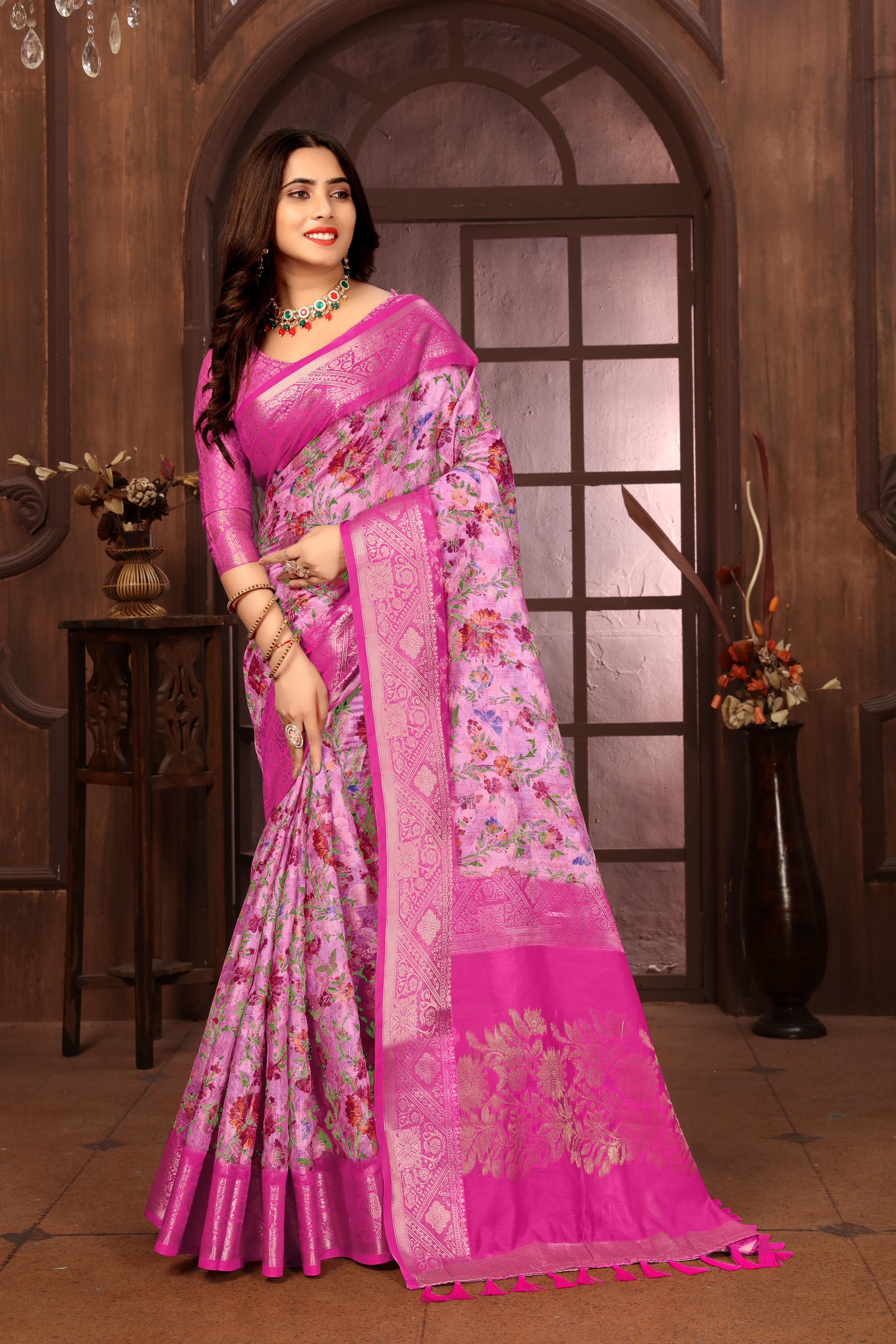 Women Party Wear Printed and Jari Weaving Jeaquard Silk Saree with Un Stitched Blouse