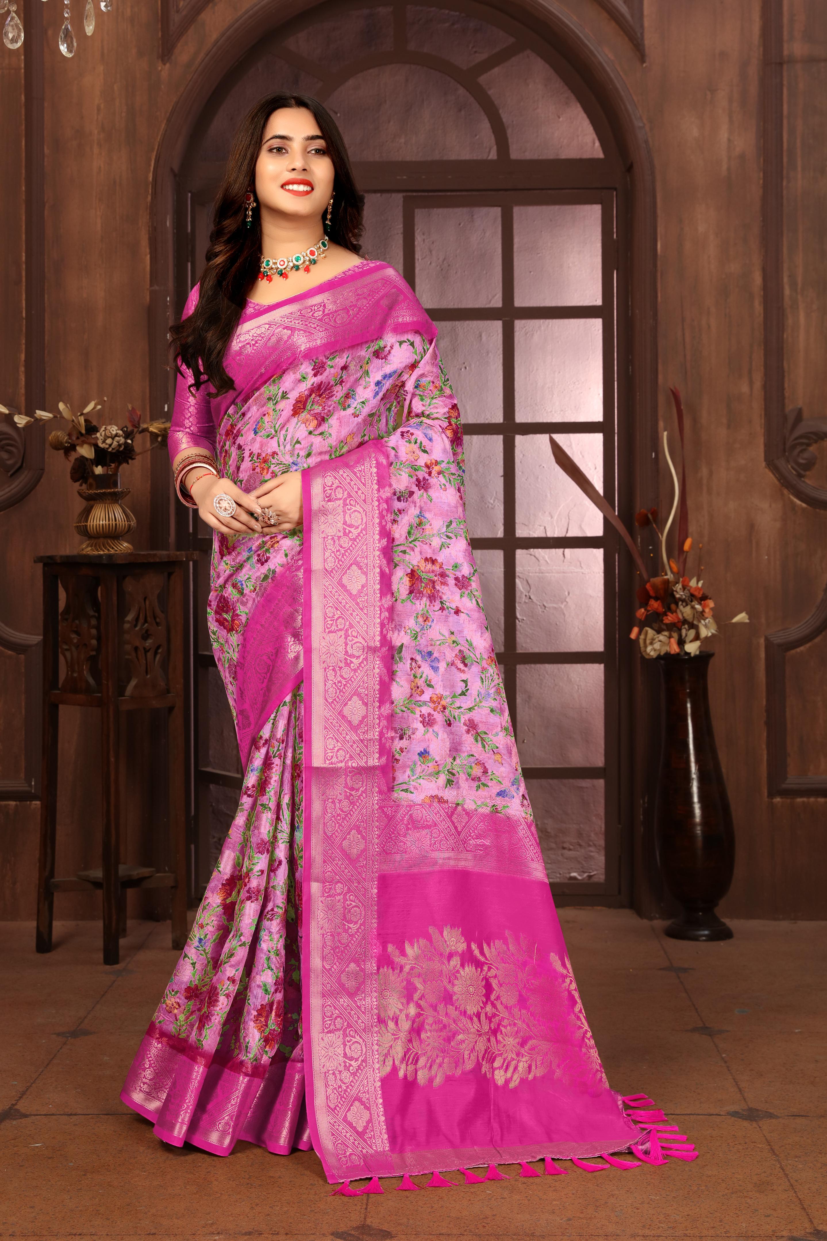 Women Party Wear Printed and Jari Weaving Jeaquard Silk Saree with Un Stitched Blouse