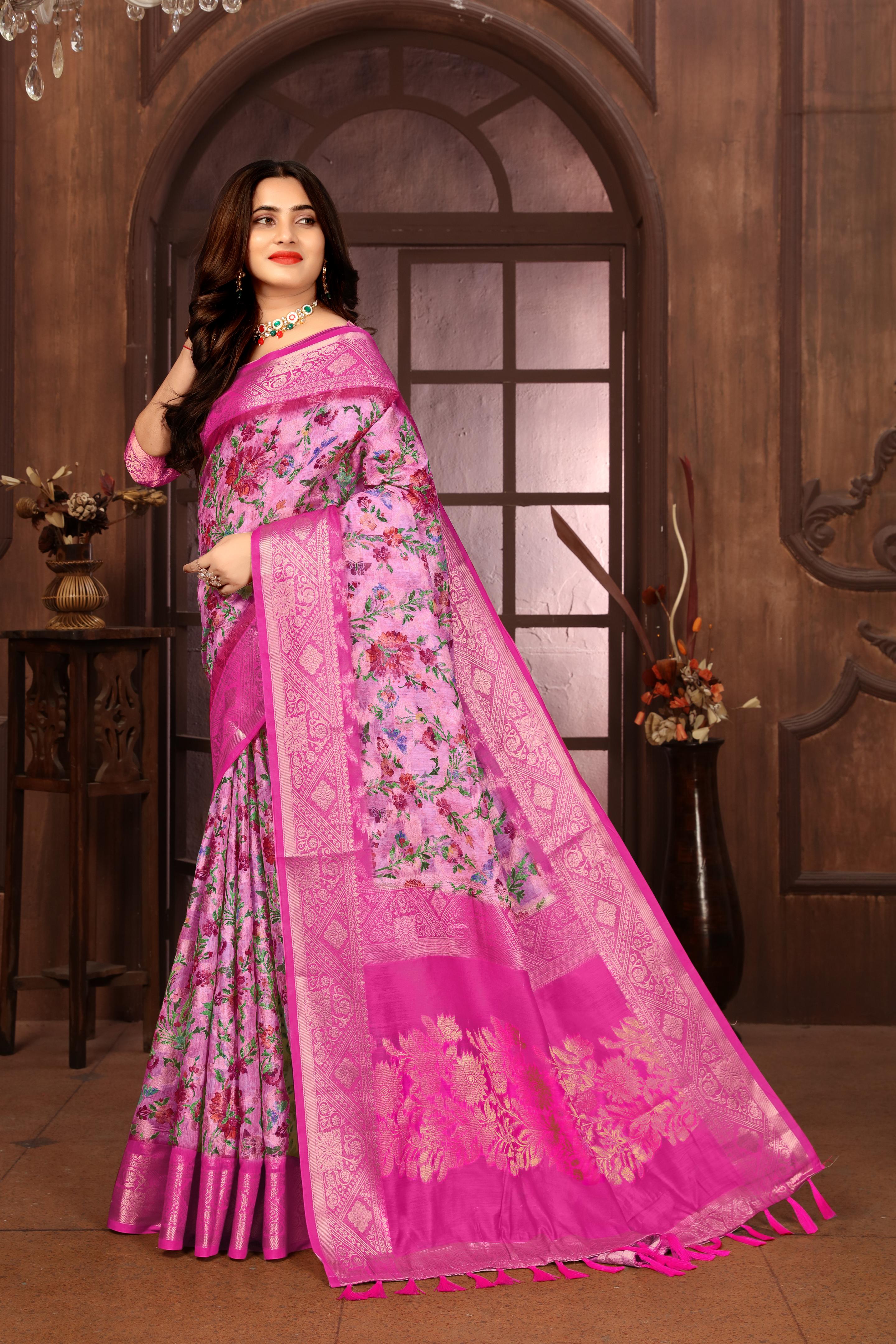 Women Party Wear Printed and Jari Weaving Jeaquard Silk Saree with Un Stitched Blouse