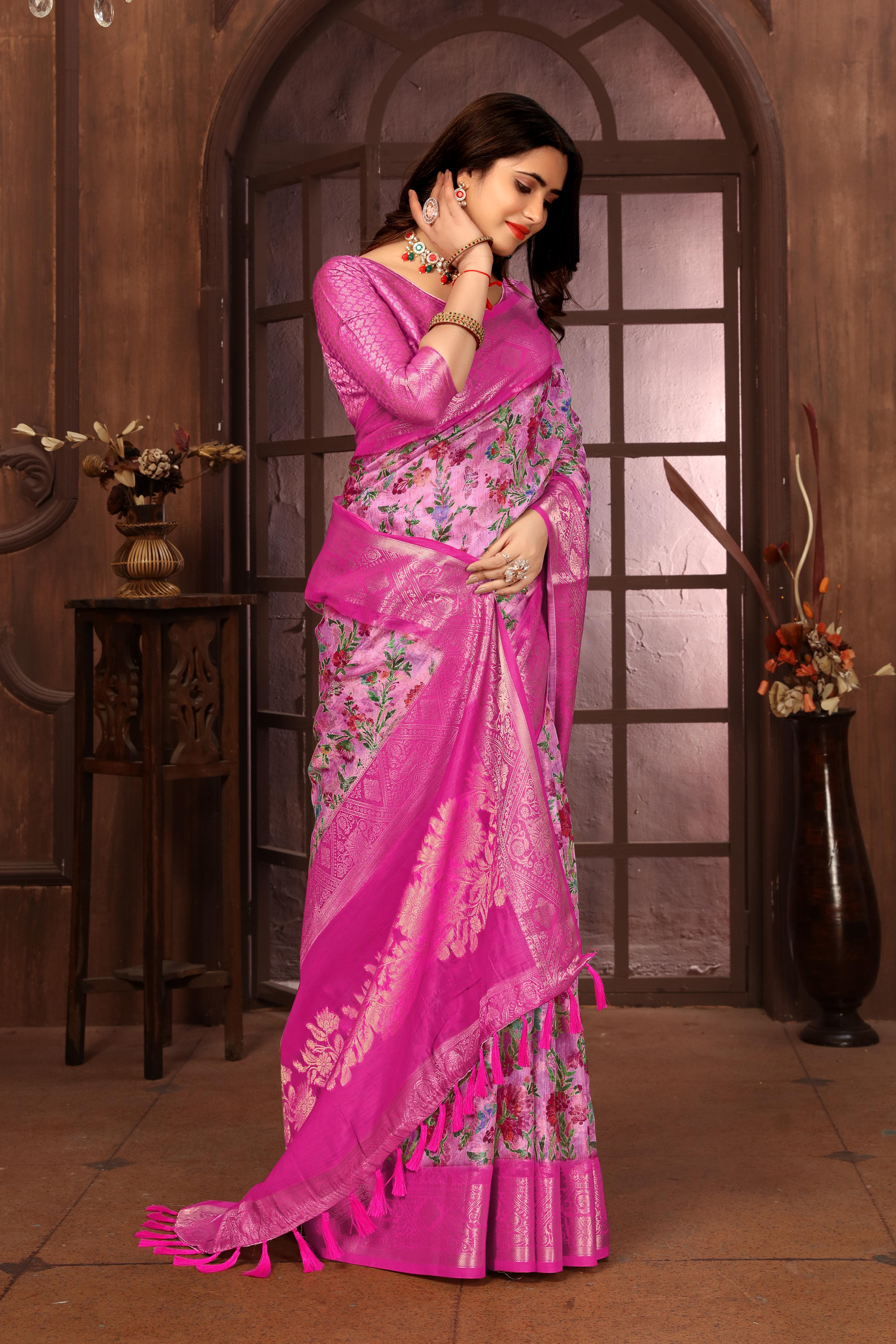 Women Party Wear Printed and Jari Weaving Jeaquard Silk Saree with Un Stitched Blouse