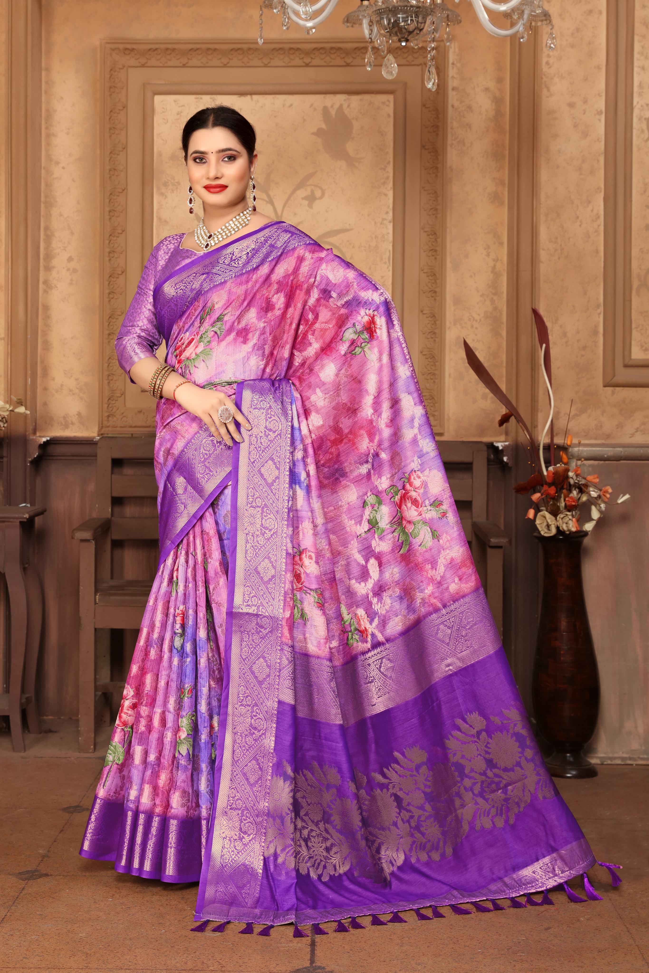 Women Party Wear Printed and Jari Weaving Jeaquard Silk Saree with Un Stitched Blouse