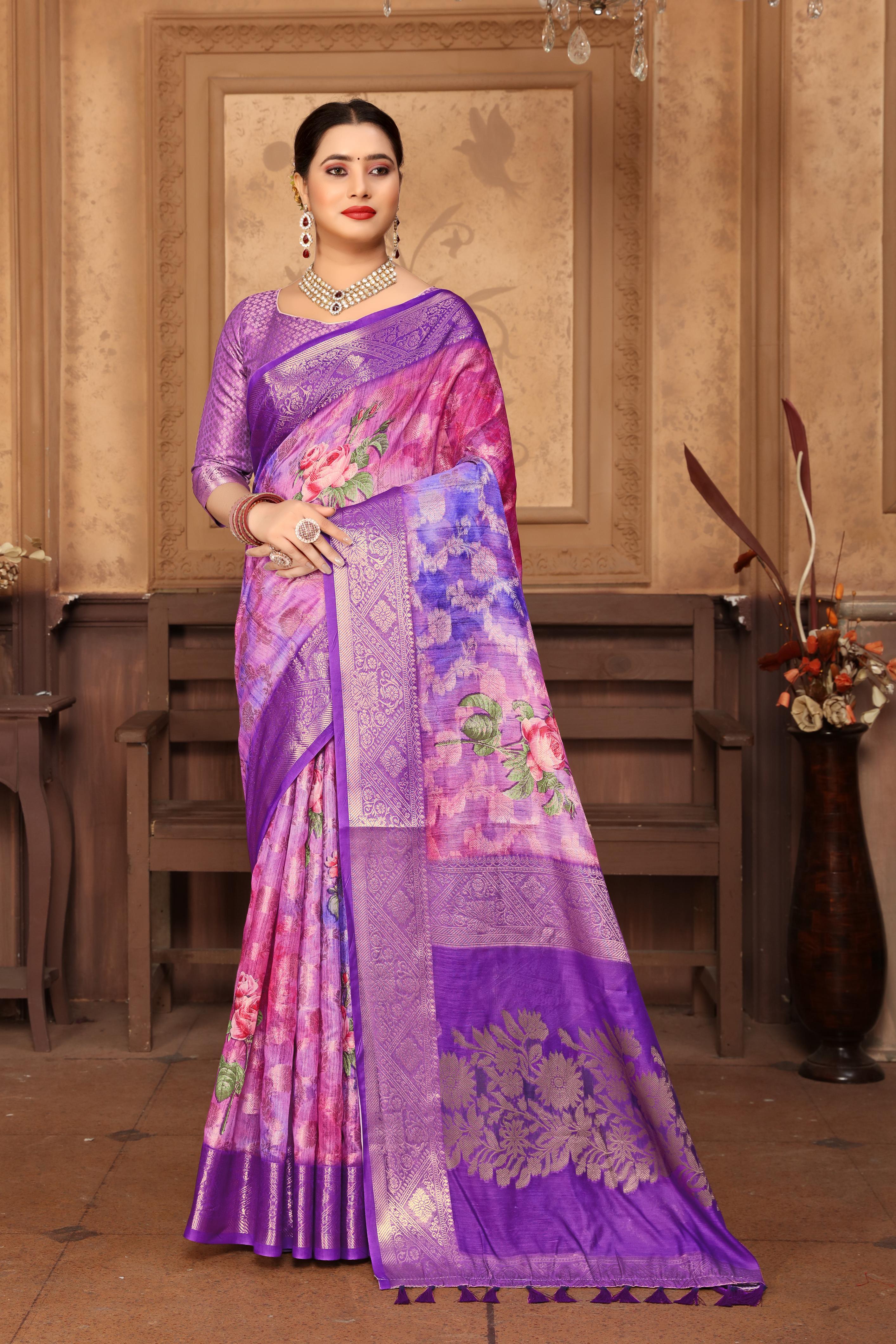 Women Party Wear Printed and Jari Weaving Jeaquard Silk Saree with Un Stitched Blouse