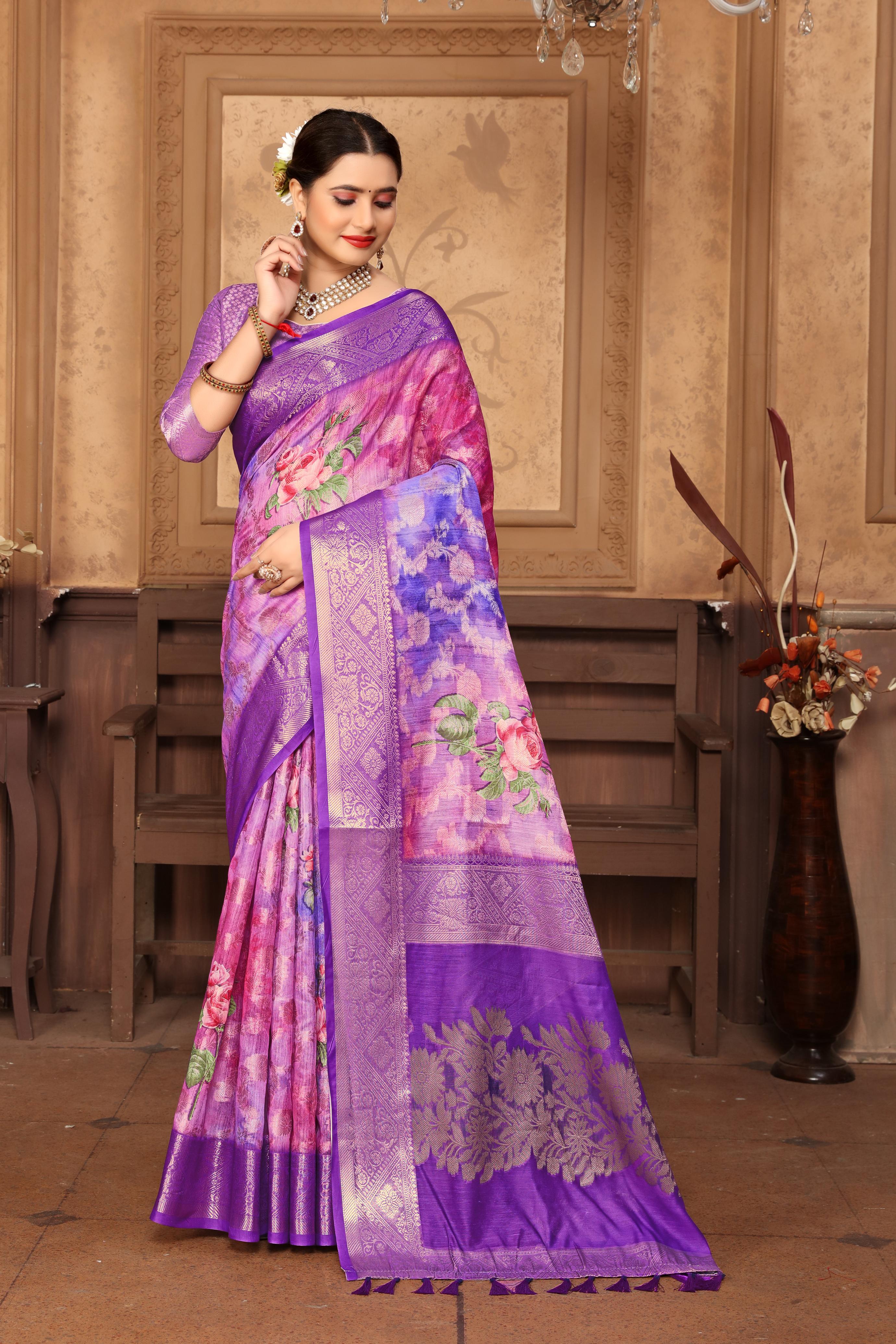 Women Party Wear Printed and Jari Weaving Jeaquard Silk Saree with Un Stitched Blouse