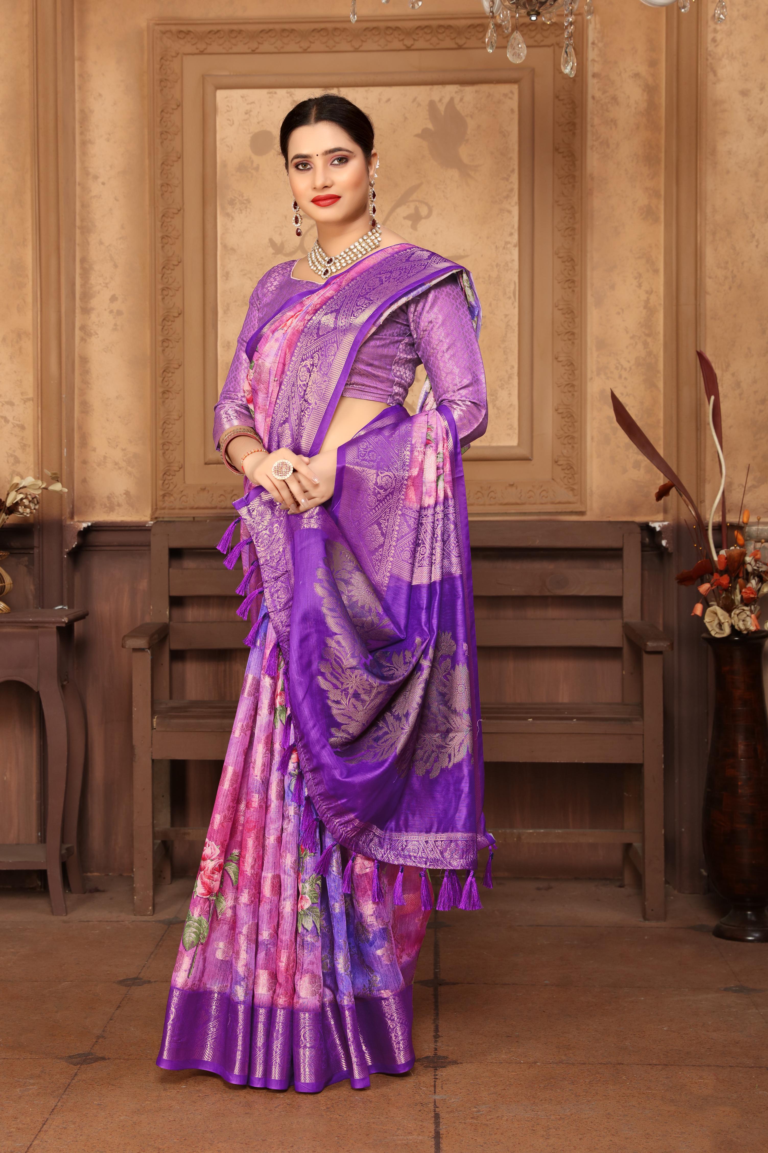 Women Party Wear Printed and Jari Weaving Jeaquard Silk Saree with Un Stitched Blouse