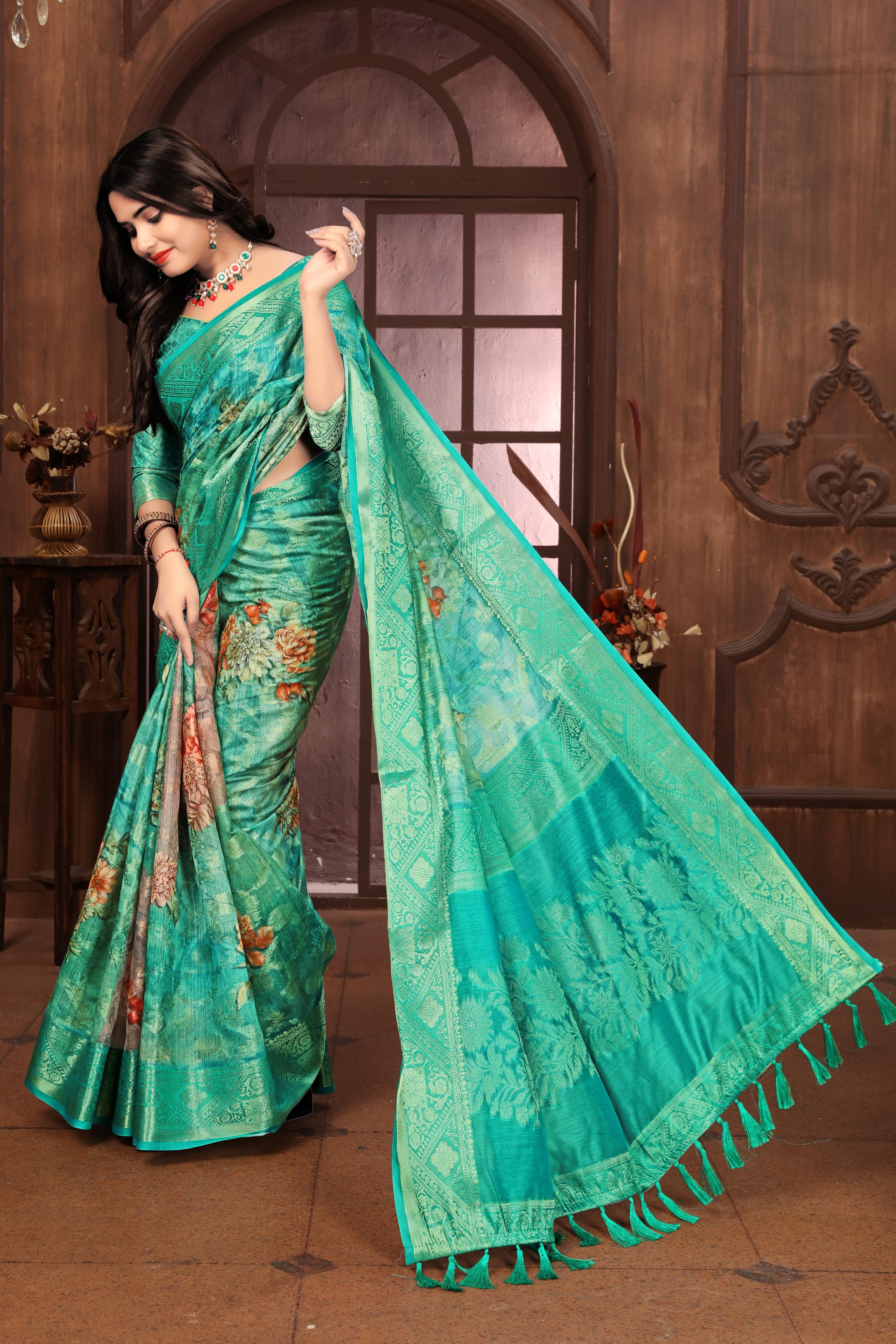 Women Party Wear Printed and Jari Weaving Jeaquard Silk Saree with Un Stitched Blouse