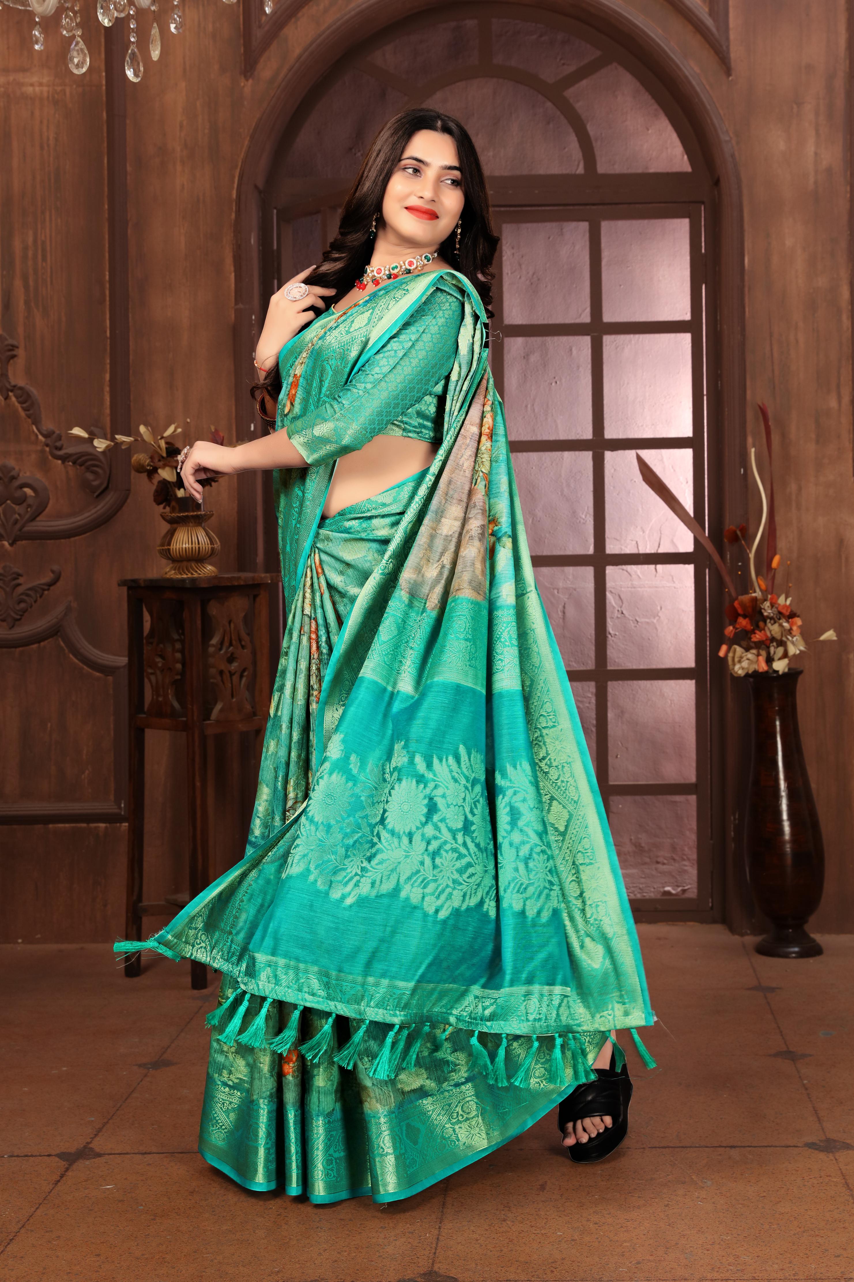 Women Party Wear Printed and Jari Weaving Jeaquard Silk Saree with Un Stitched Blouse