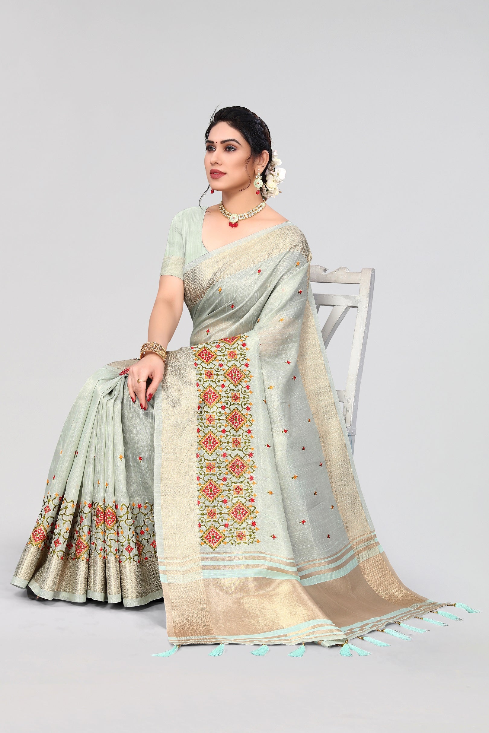 Women Party Wear Embroidery Worked Cotton Saree with Un Stitched Blouse