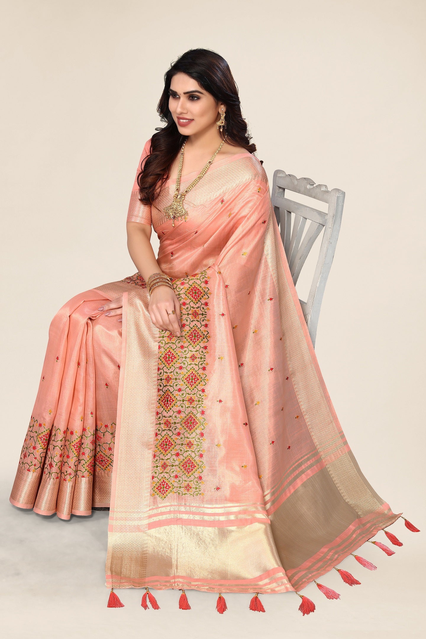 Women Party Wear Embroidery Worked Cotton Saree with Un Stitched Blouse