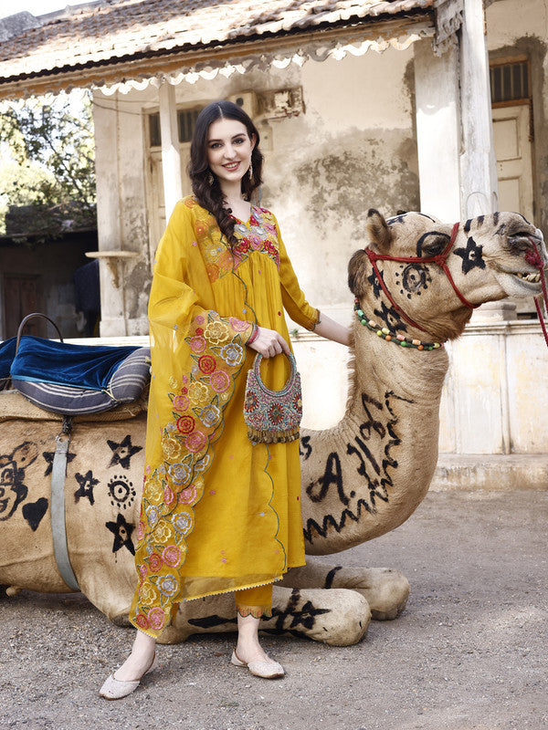 Women Mustard Muslin Kurta Set With Dupatta Embroidered Work