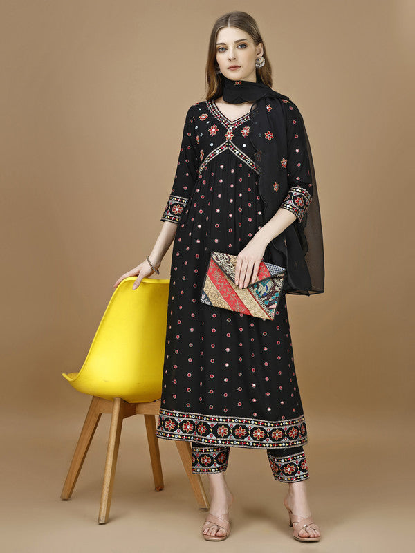 Women Black Rayon Kurta Set With Dupatta Embroidered Work