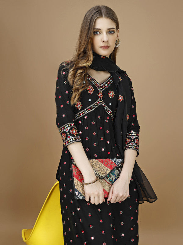 Women Black Rayon Kurta Set With Dupatta Embroidered Work