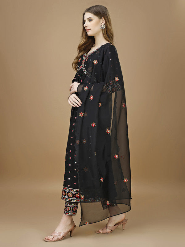 Women Black Rayon Kurta Set With Dupatta Embroidered Work