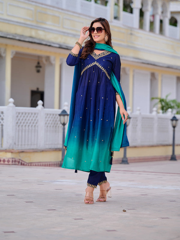 Women Navy Blue Silk Blend Kurta Set With Dupatta Embroidered Work