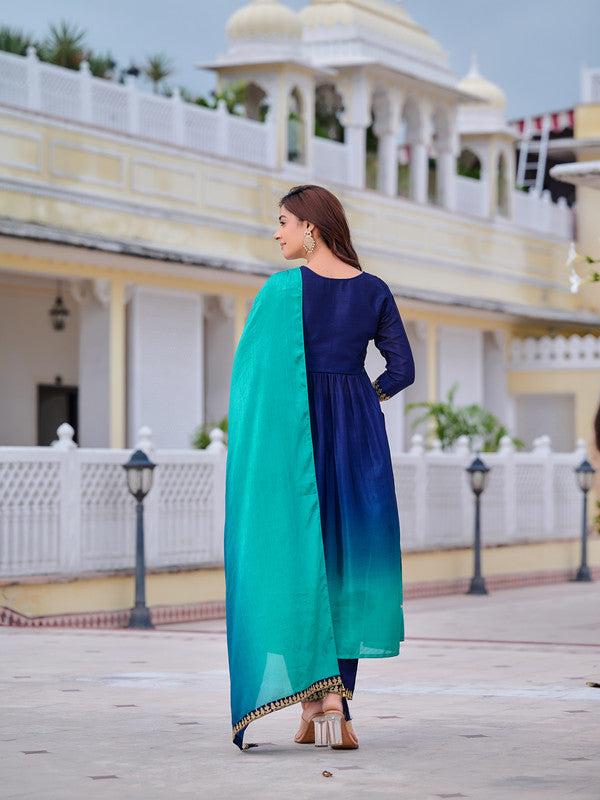 Women Navy Blue Silk Blend Kurta Set With Dupatta Embroidered Work