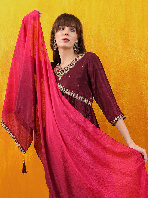 Women Wine Silk Blend Kurta Set With Dupatta Embroidered Work