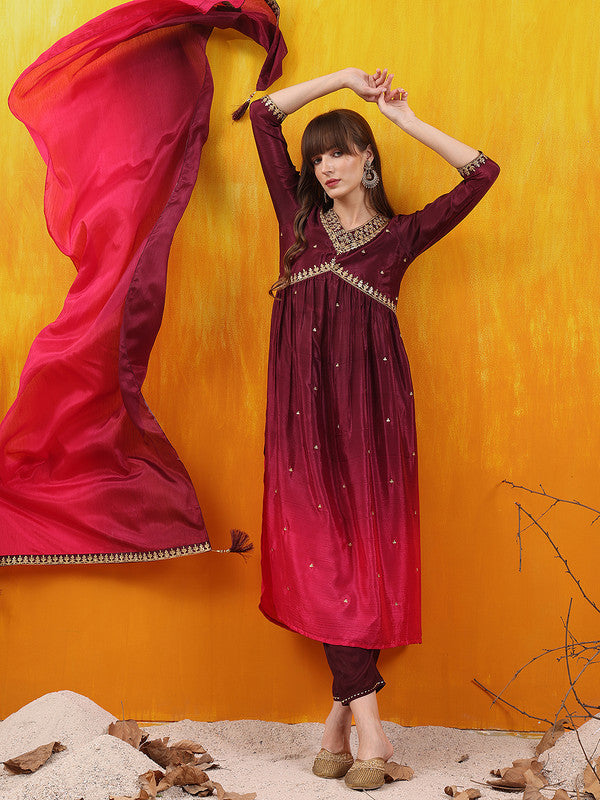 Women Wine Silk Blend Kurta Set With Dupatta Embroidered Work