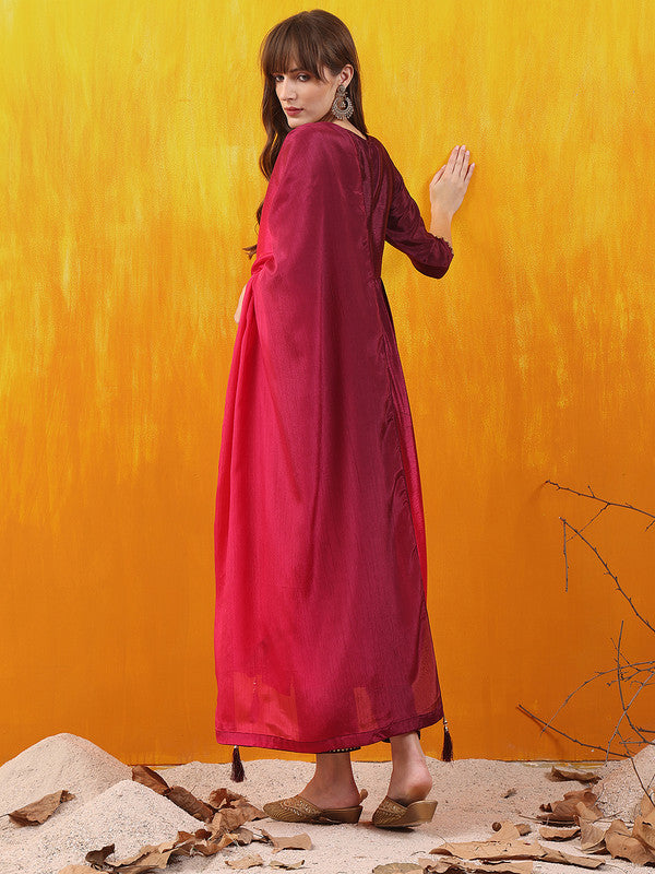 Women Wine Silk Blend Kurta Set With Dupatta Embroidered Work