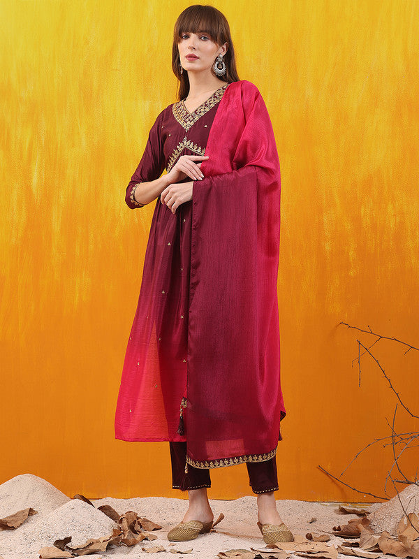 Women Wine Silk Blend Kurta Set With Dupatta Embroidered Work