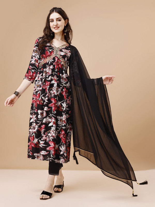 Women Black Rayon Kurta Set With Dupatta Embroidered Work