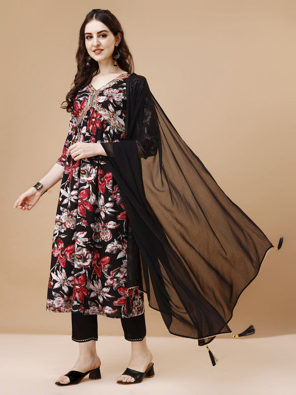 Women Black Rayon Kurta Set With Dupatta Embroidered Work