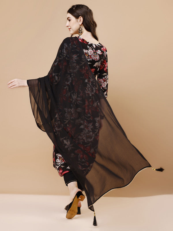 Women Black Rayon Kurta Set With Dupatta Embroidered Work