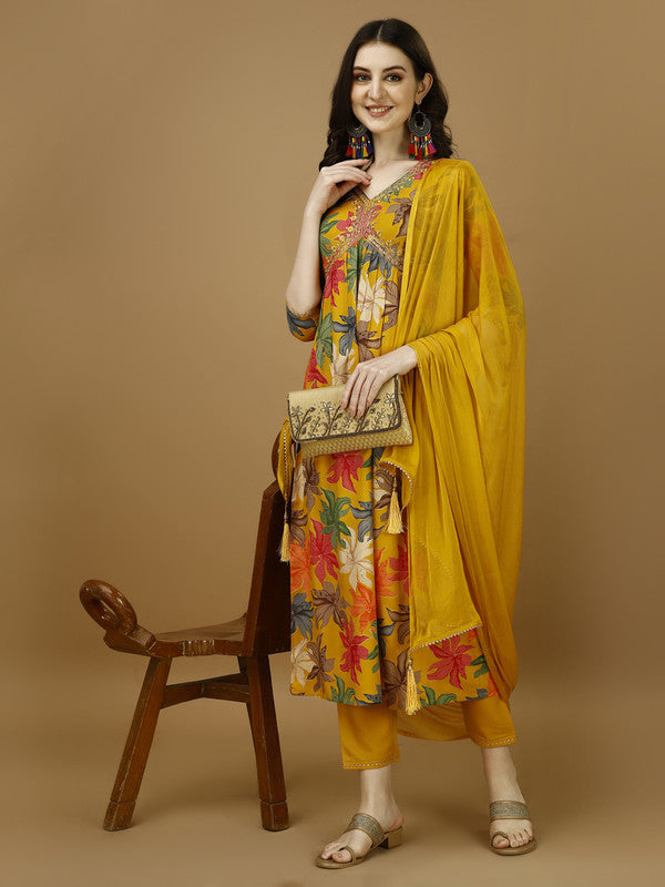 Women Mustard Rayon Kurta Set With Dupatta Embroidered Work