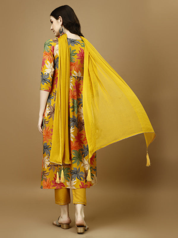 Women Mustard Rayon Kurta Set With Dupatta Embroidered Work