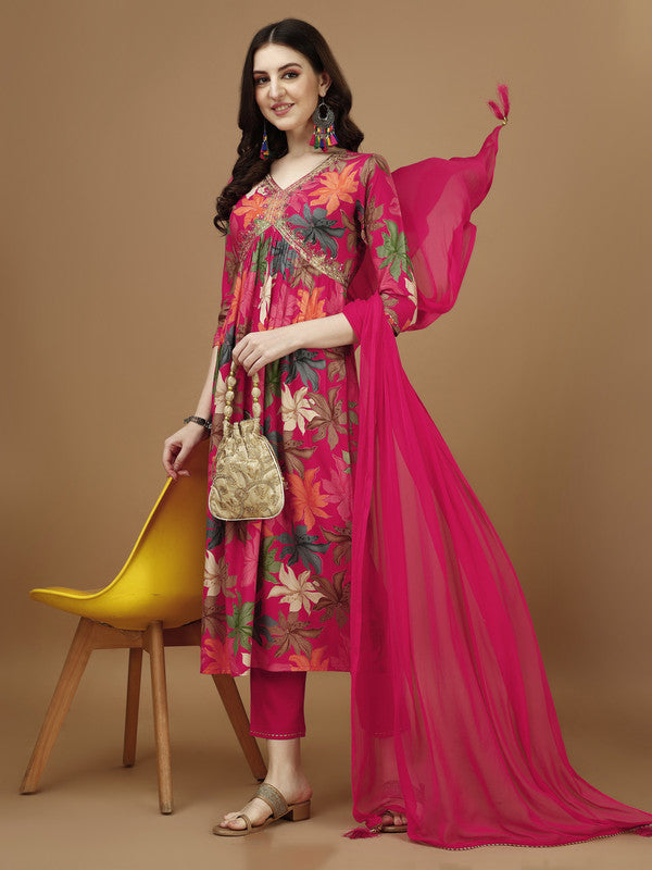 Women Pink Rayon Kurta Set With Dupatta Embroidered Work