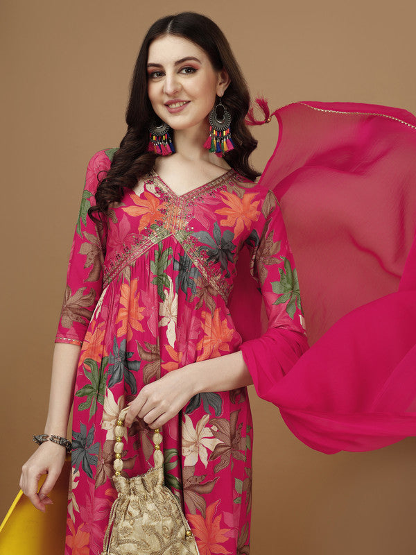 Women Pink Rayon Kurta Set With Dupatta Embroidered Work