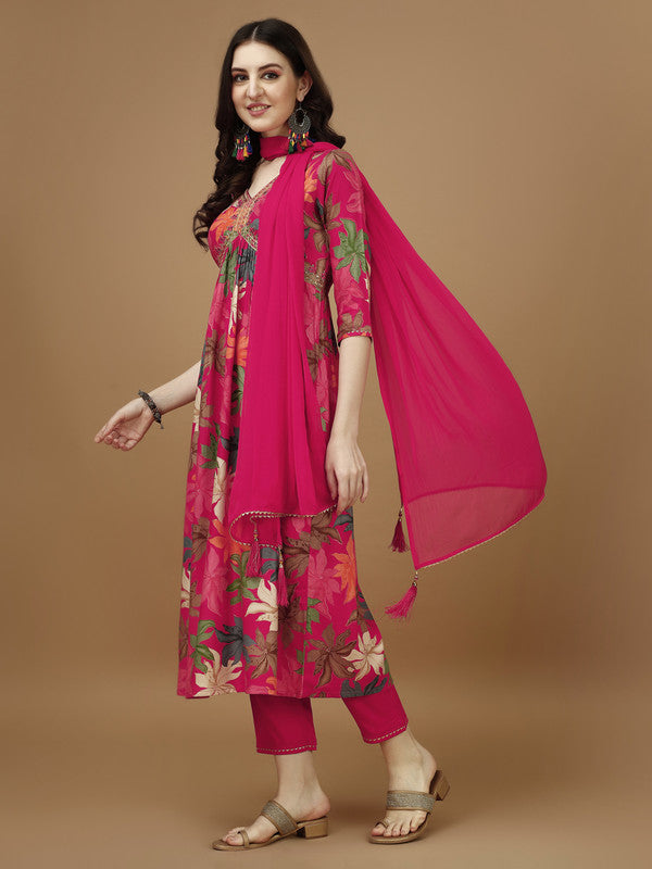 Women Pink Rayon Kurta Set With Dupatta Embroidered Work