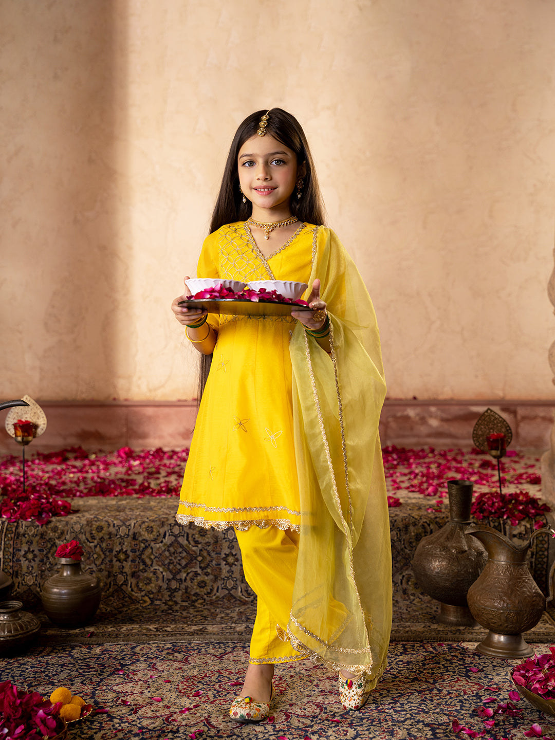 3-Piece Yellow Color Dupion Kurta & Cotton Payjama With Dupatta