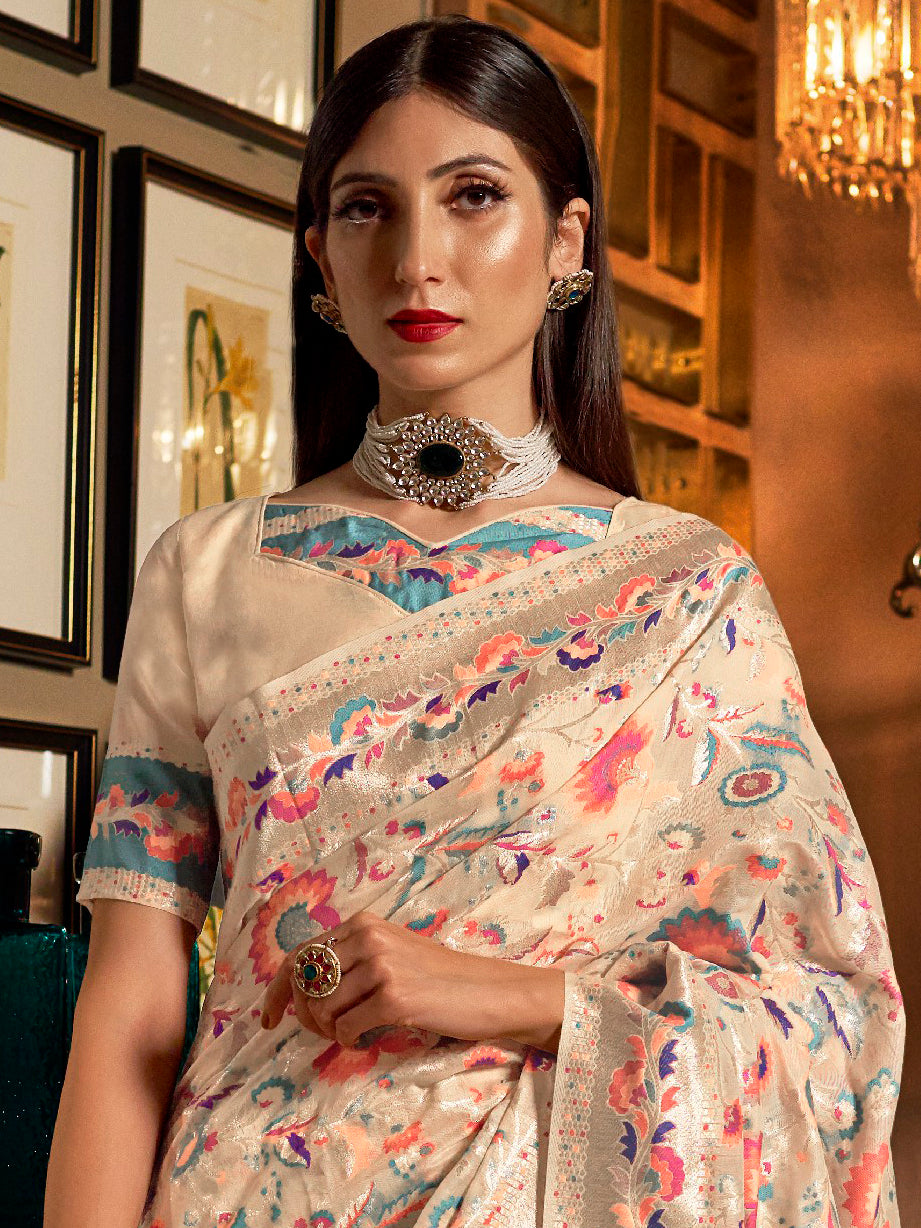 Women's Modal Cream WovenDesign Wovensaree With Blouse Piece