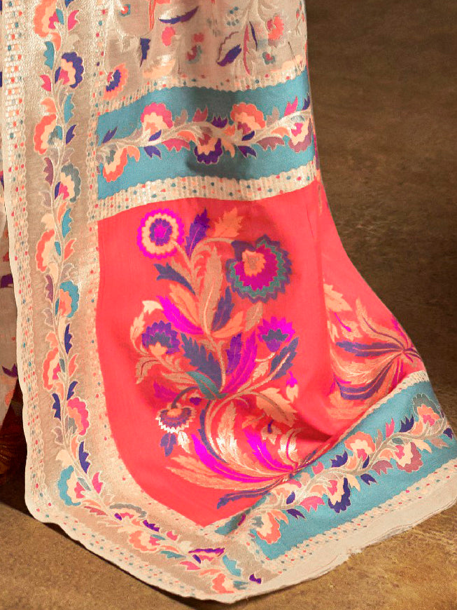 Women's Modal Cream WovenDesign Wovensaree With Blouse Piece