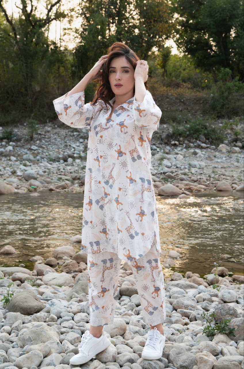 Printed White Rayon Co-ords Set