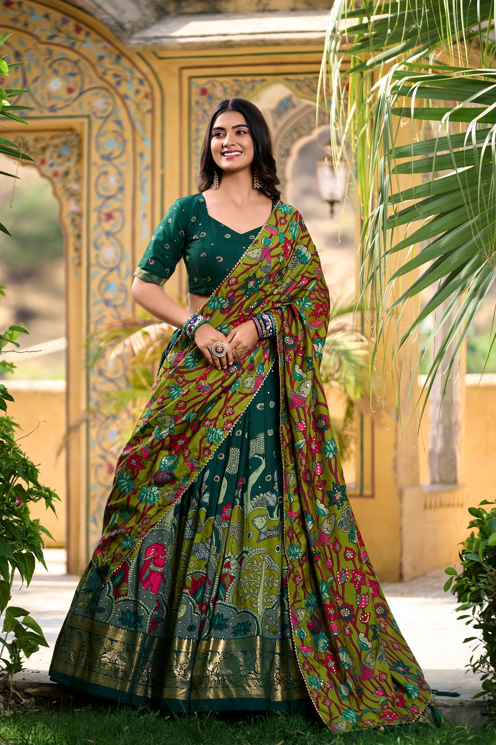Womens Green Dola Silk With Foil Print Lehenga Choli Set