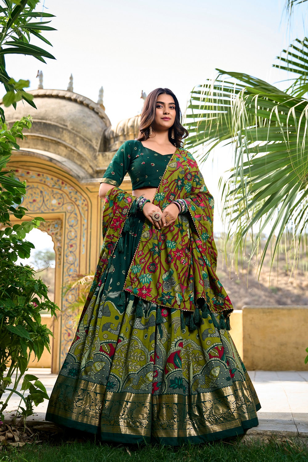 Womens Green Dola Silk With Foil Print Lehenga Choli Set
