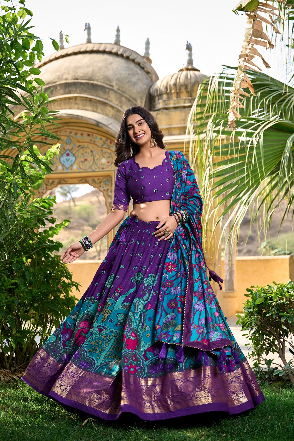 Womens Purple Dola Silk With Foil Print Lehenga Choli Set
