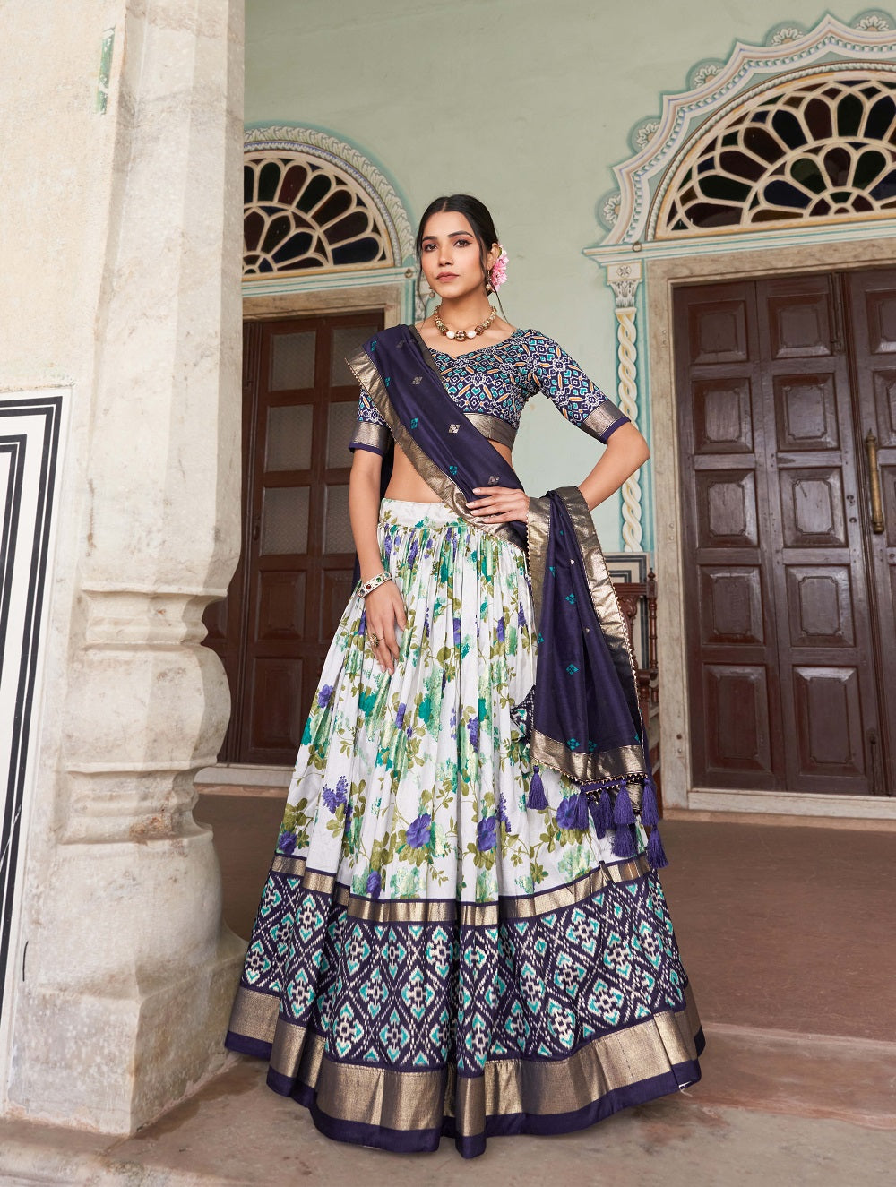 Womens Navy Blue Dola Silk With Foil Print Lehenga Choli Set