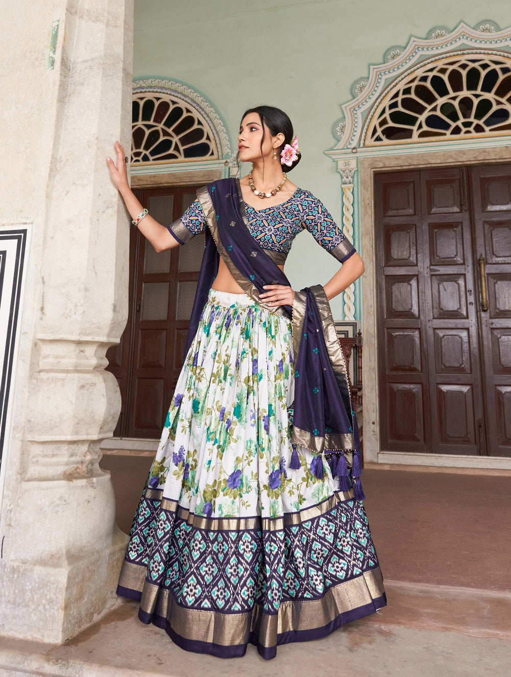 Womens Navy Blue Dola Silk With Foil Print Lehenga Choli Set