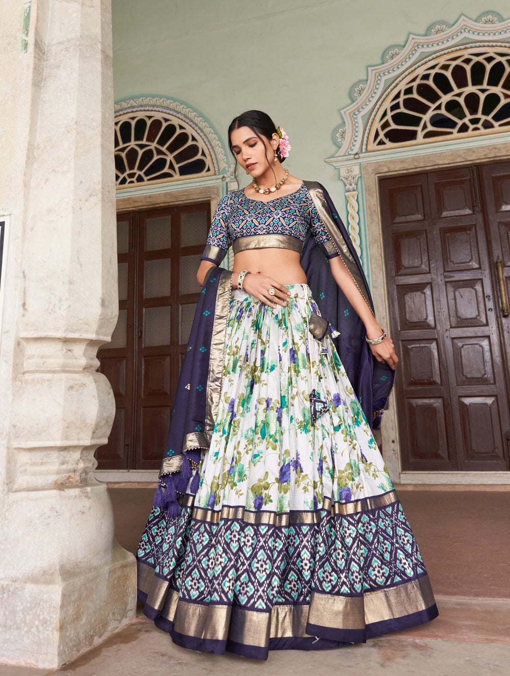 Womens Navy Blue Dola Silk With Foil Print Lehenga Choli Set
