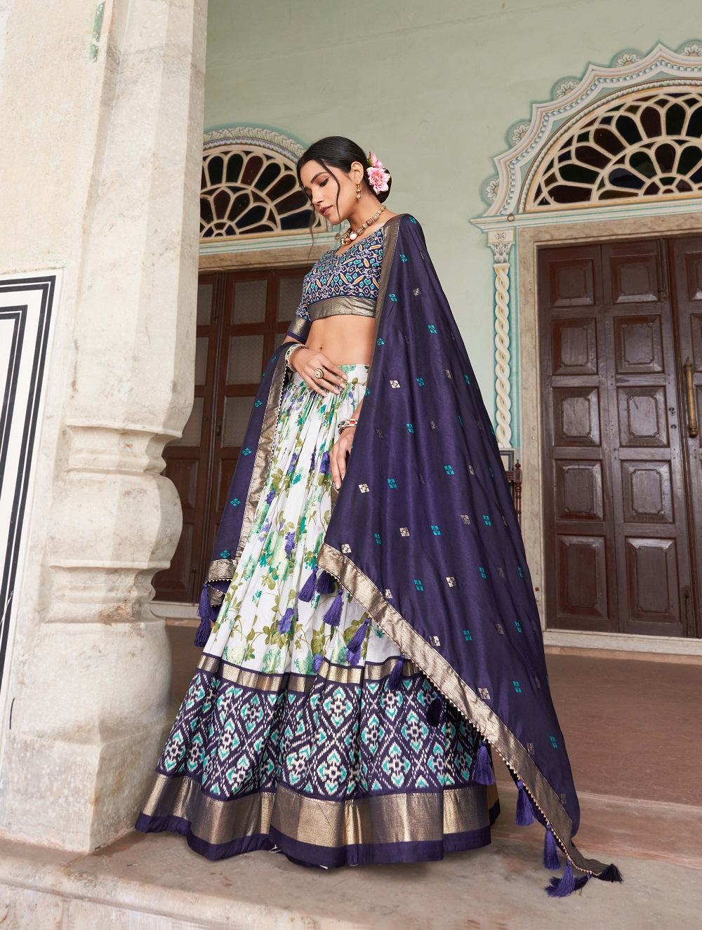 Womens Navy Blue Dola Silk With Foil Print Lehenga Choli Set