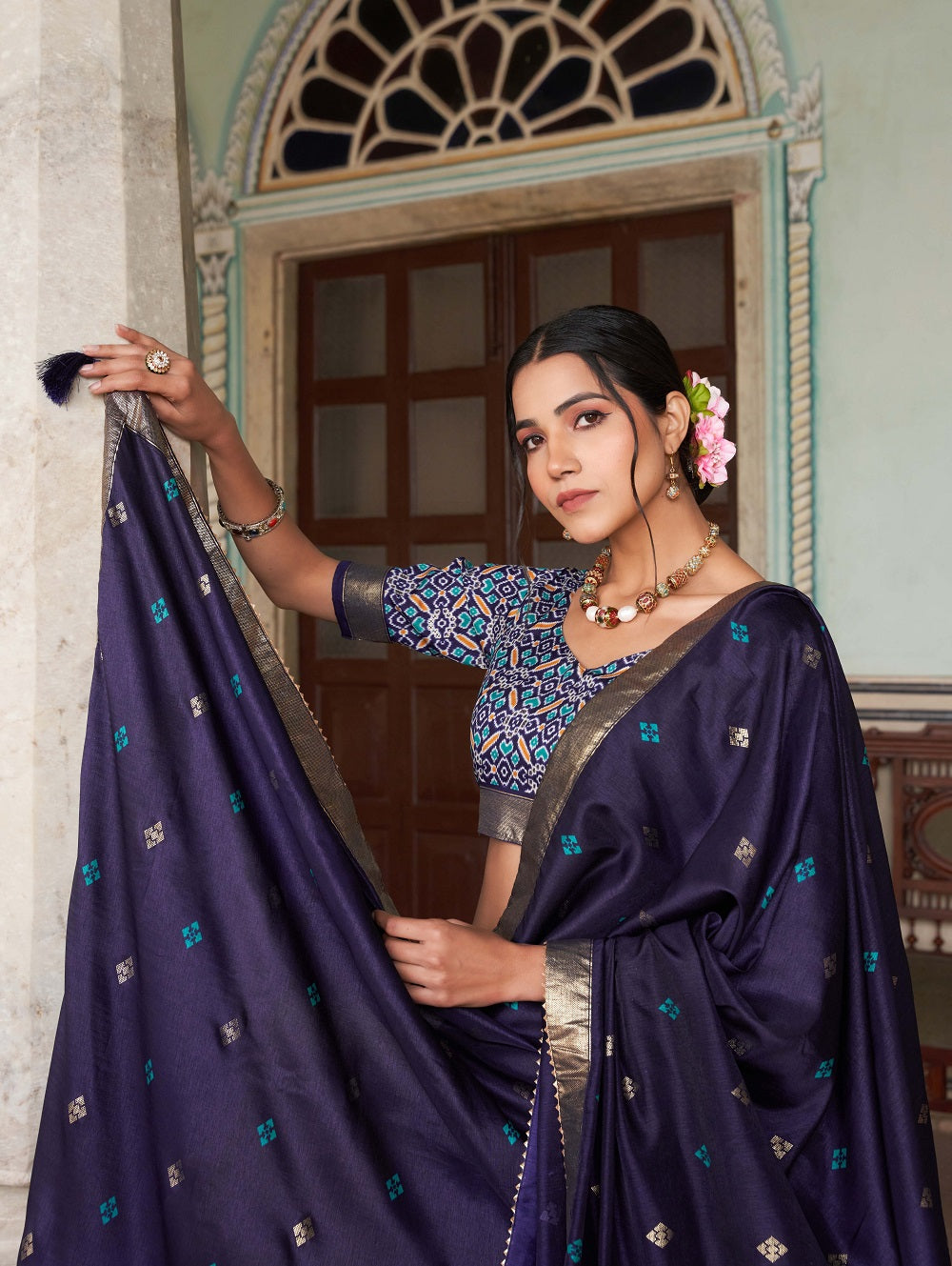 Womens Navy Blue Dola Silk With Foil Print Lehenga Choli Set