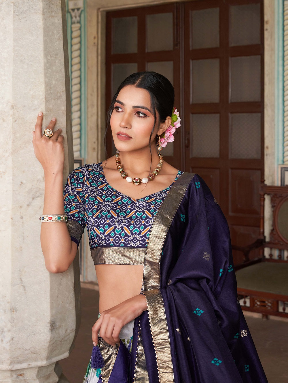 Womens Navy Blue Dola Silk With Foil Print Lehenga Choli Set