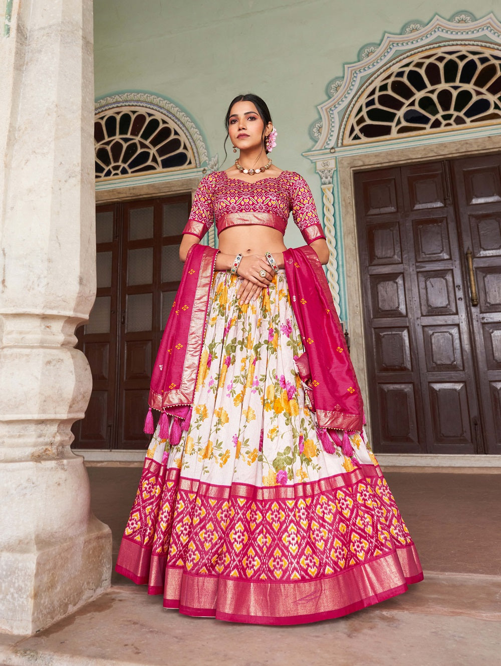 Womens Pink Dola Silk With Foil Print Lehenga Choli Set