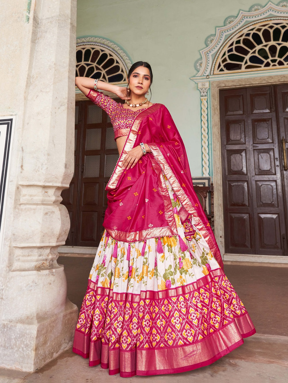 Womens Pink Dola Silk With Foil Print Lehenga Choli Set