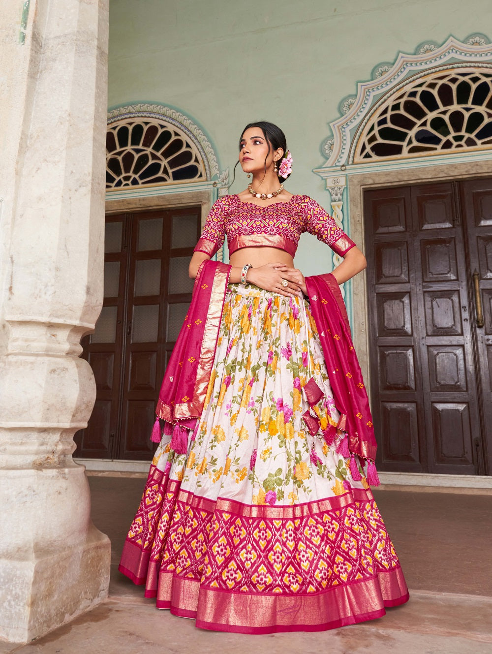 Womens Pink Dola Silk With Foil Print Lehenga Choli Set