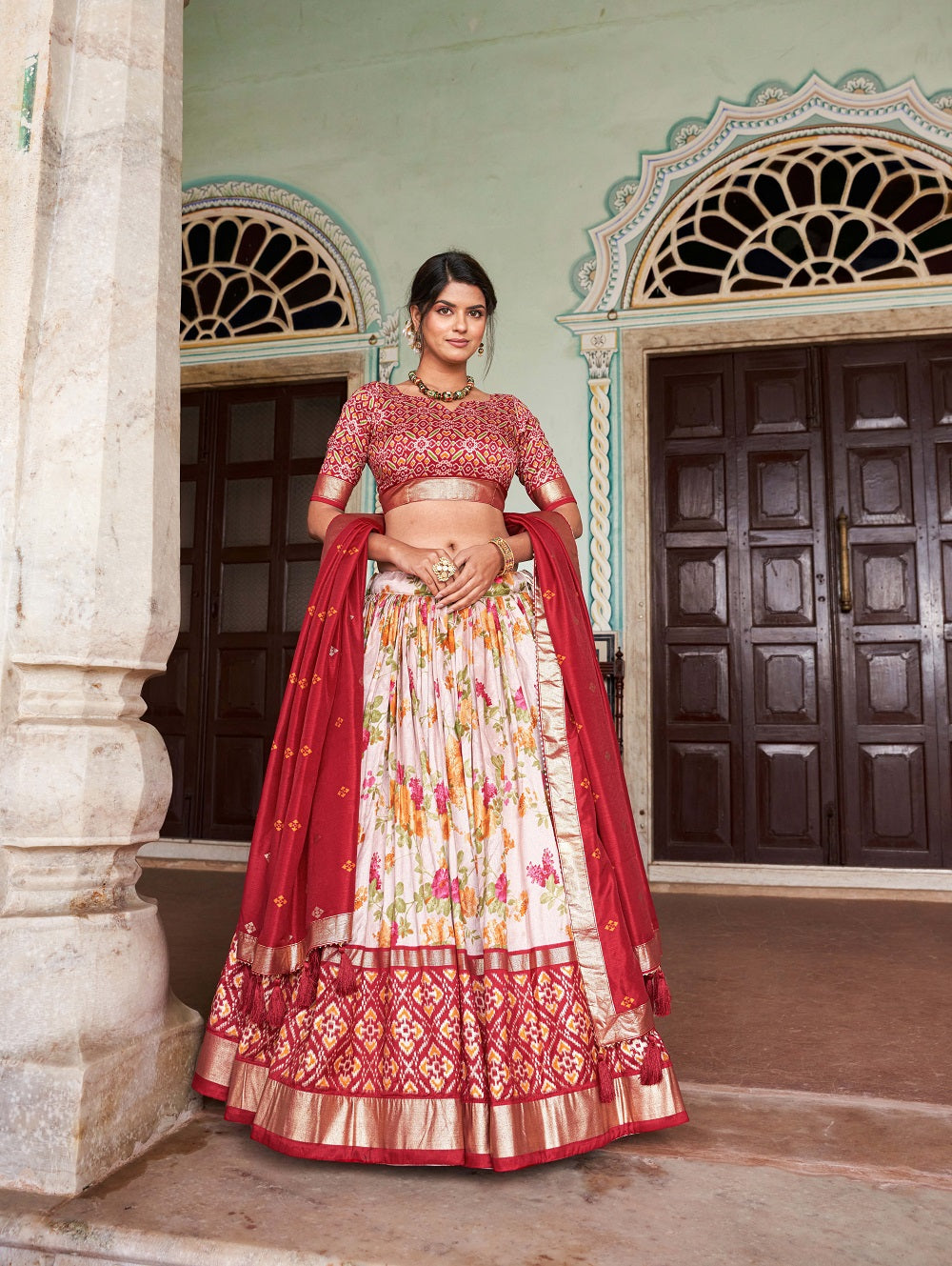 Womens Red Dola Silk With Foil Print Lehenga Choli Set