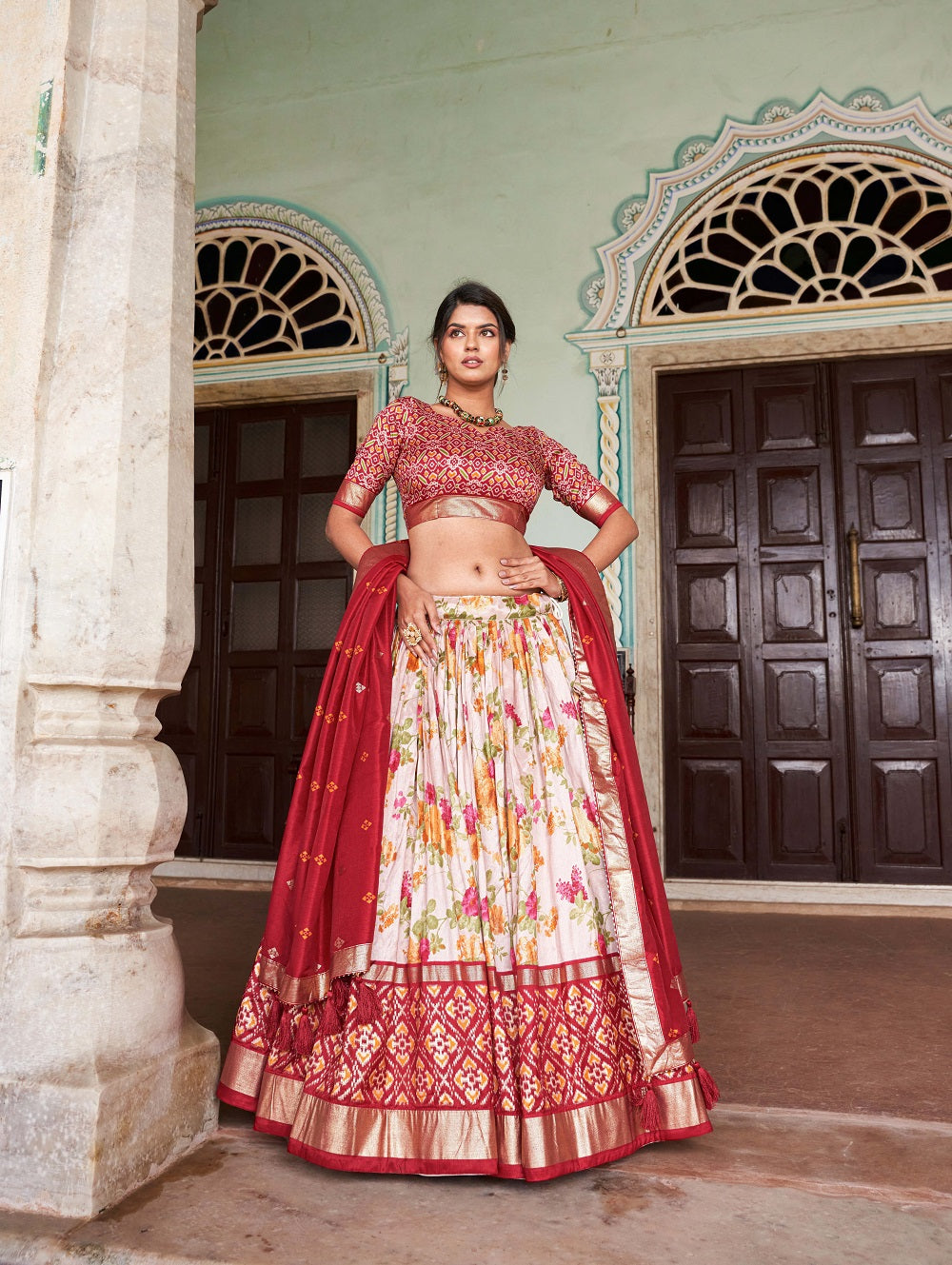 Womens Red Dola Silk With Foil Print Lehenga Choli Set