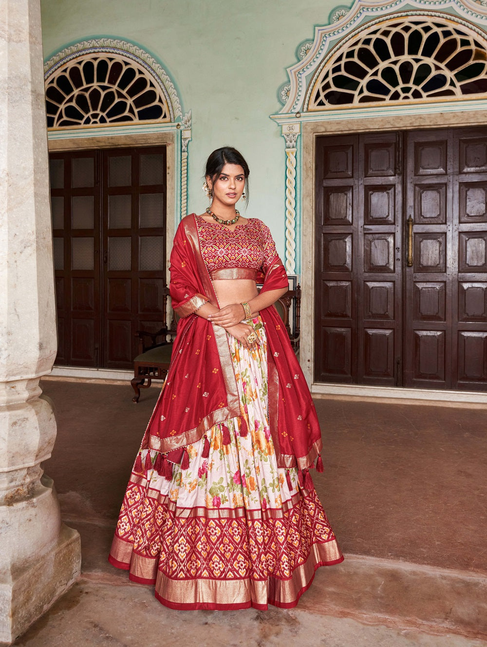 Womens Red Dola Silk With Foil Print Lehenga Choli Set